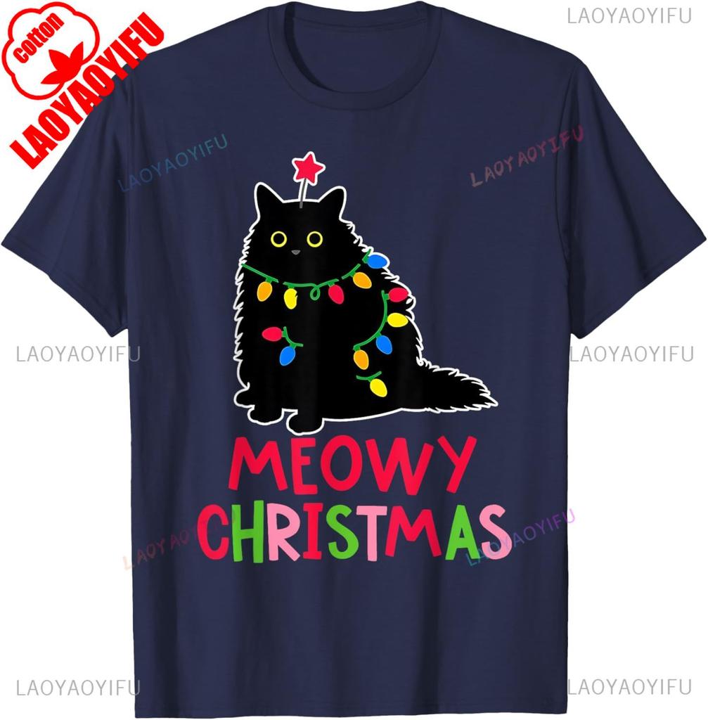 New Style Lovely Kawaii Meowy Christmas Xmas Lights Black Cat Pajamas Family Funny Men Women High Quality Cotton TShirt