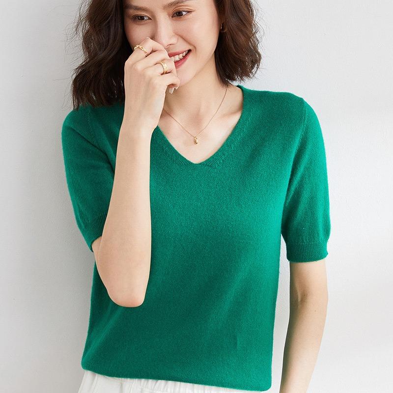 

Весенне-осенняя женская футболка, вязаная рубашка с v-образным вырезом, простой темпераментный тонкий топ, однотонный вязаный низ, тонкий XXL зелёный