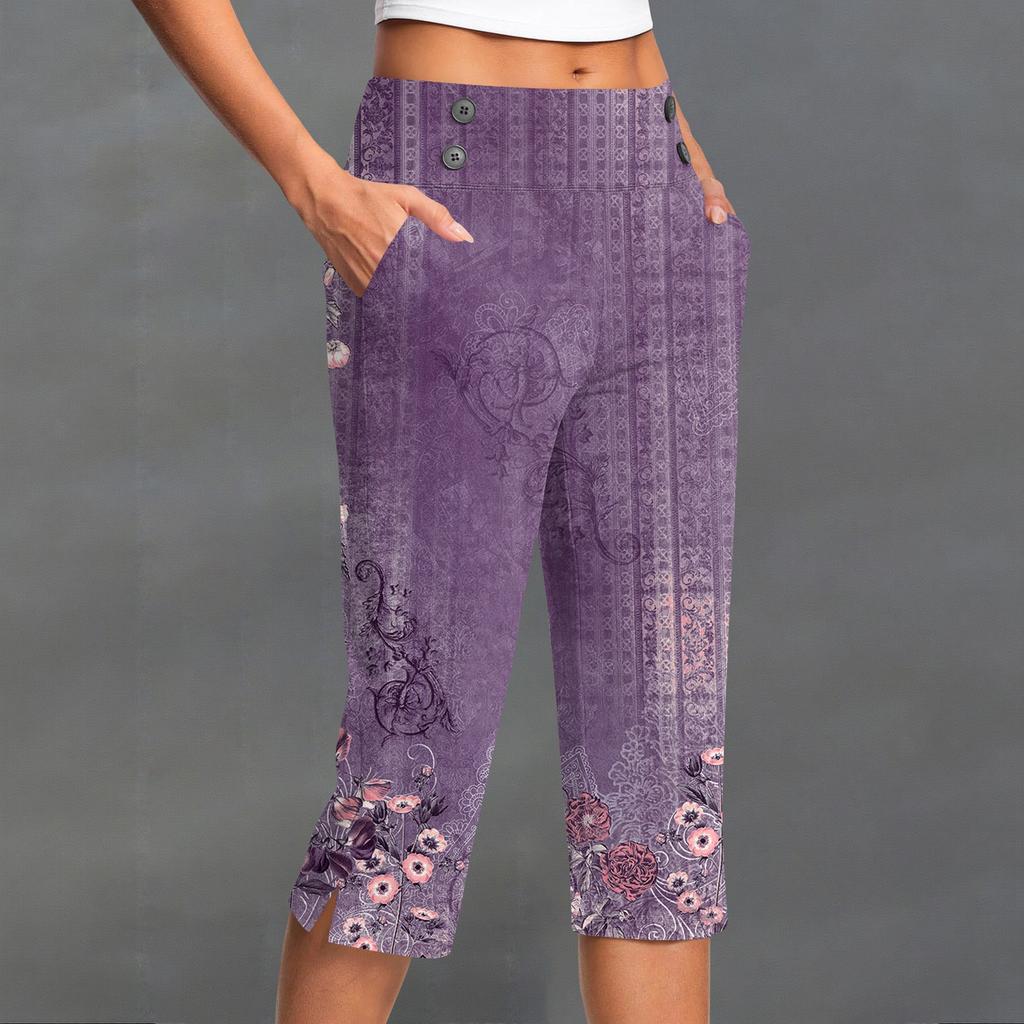 Women's Vintage Floral Print Button Pocket Trousers Slit High Waist Sports Yoga Casual  Pants