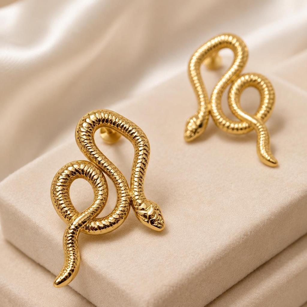 Korean Retro Snake Design Stainless Steel Floral Gold Stud Earrings.
