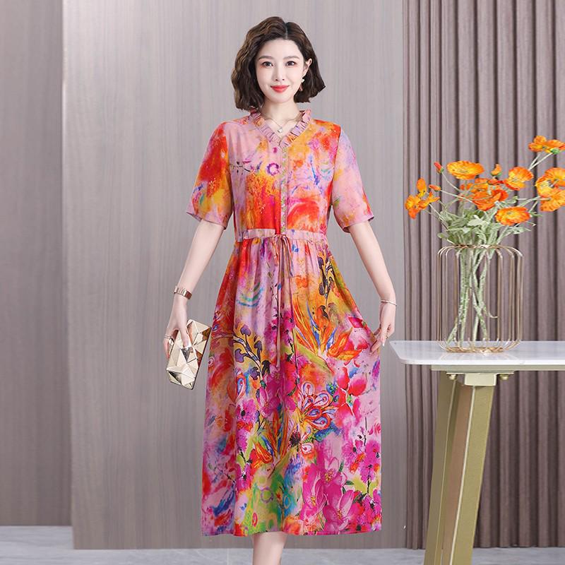 

Шикарное летнее платье миди 2025 для зрелых женщин - с короткими рукавами и принтом 5XL (143-155 jin) красный