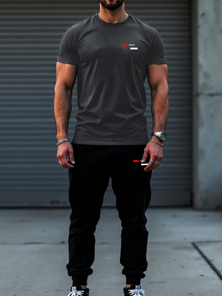 Hot selling summer fashion men's striped letter print micro elastic breathable round neck T-shirt pants set outdoor casual sport