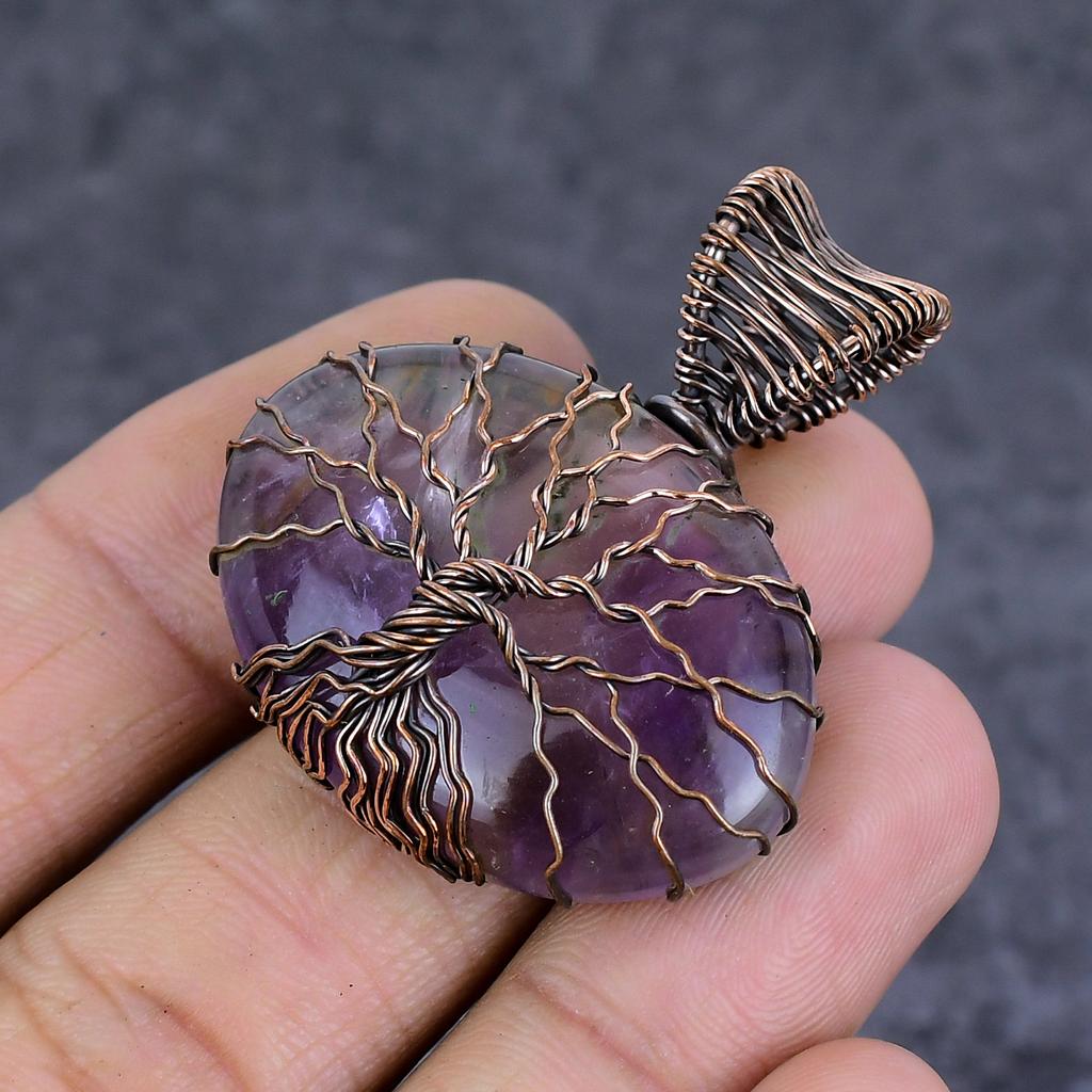 Natural Sage Amethyst Gemstone Copper Wire Wrap Jewelry Pendant 1.77" L1L73