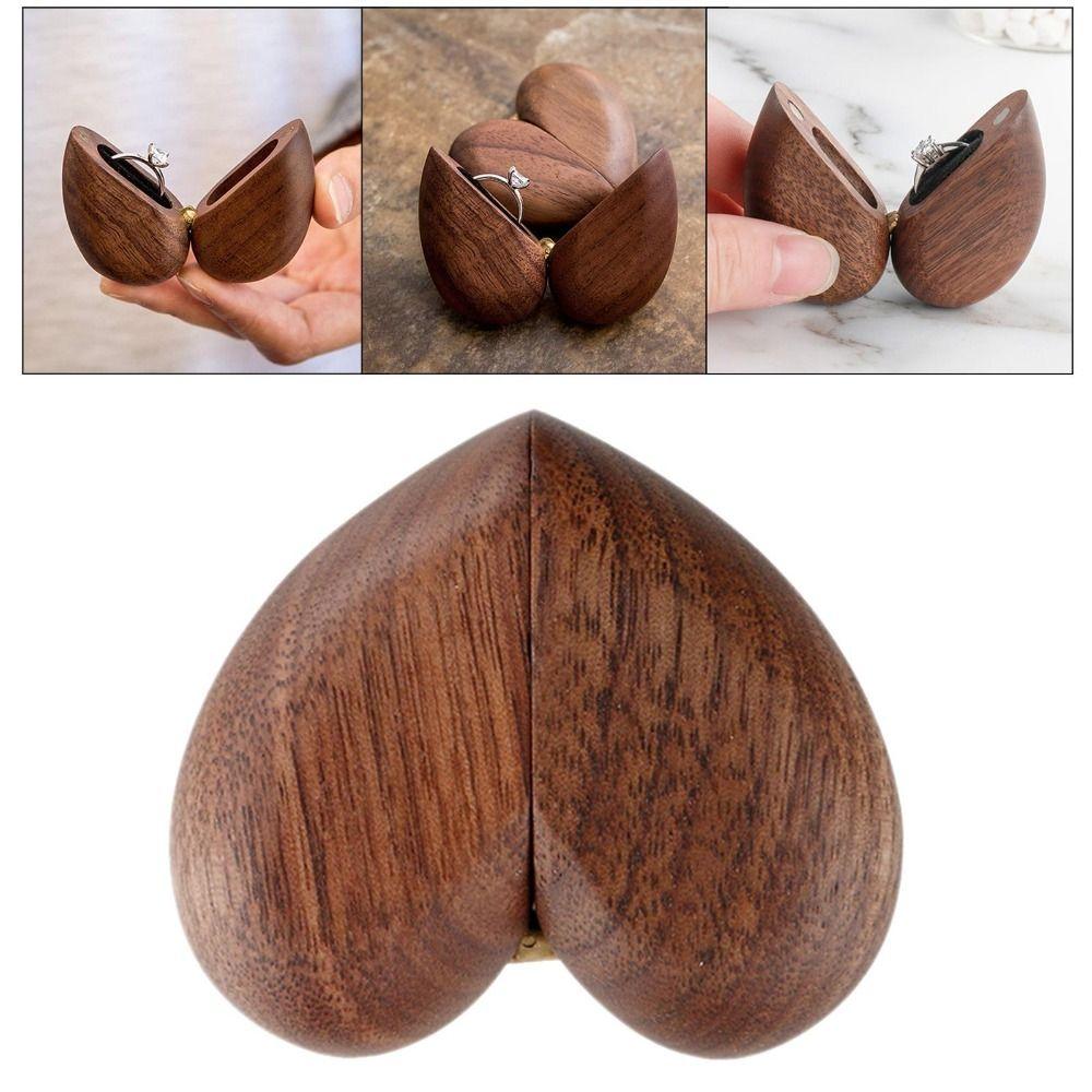 Heart Shaped Ring Storage Box Walnut Wooden Wedding Ring Case Retro Jewelry Display Box