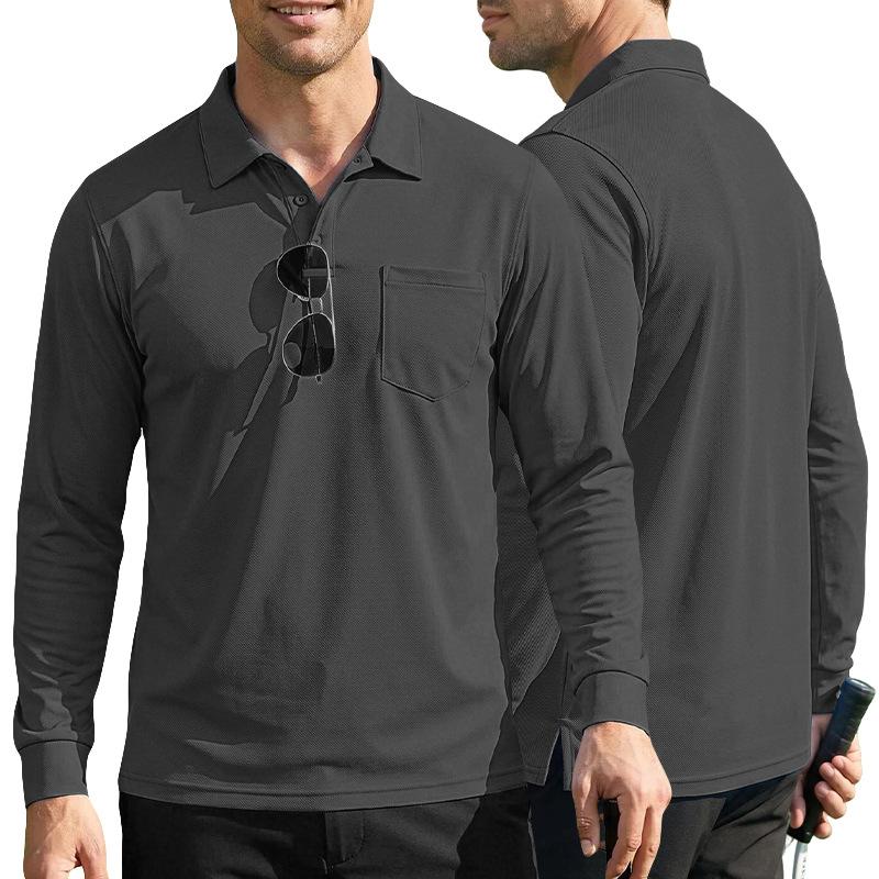 Men S Loose Fit Long Sleeve Solid Mesh Fabric Turn Down Collar Casual Outdoor Sport Polo Shirt