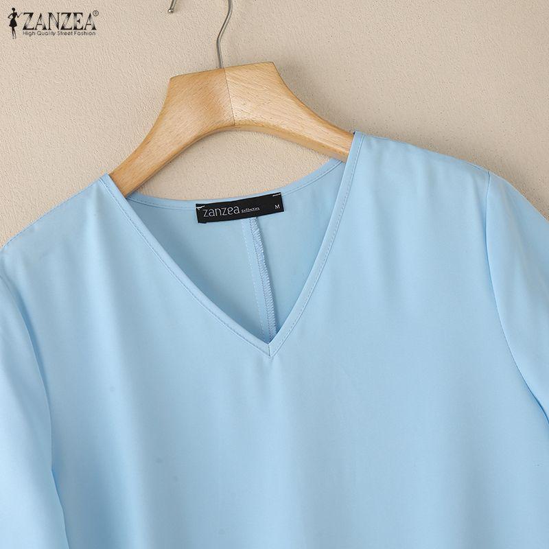 ZANZEA Women Casual V-Neck Solid Color Loose Short Sleeve Blouse