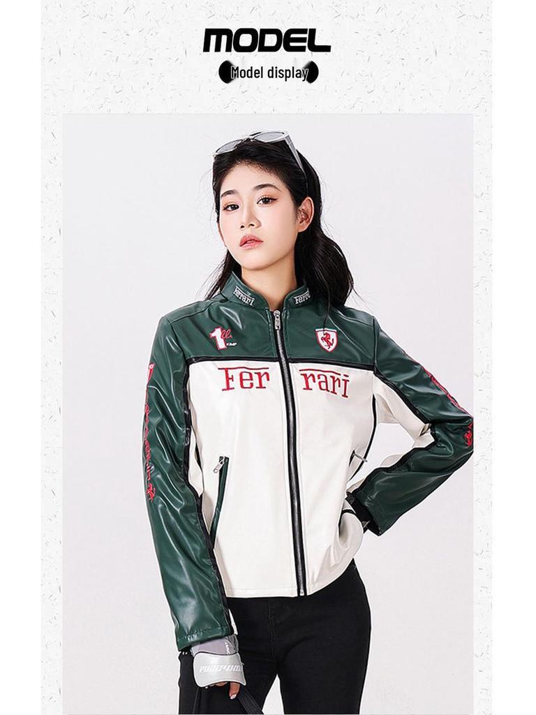 Women's Racing-Style PU Leather Motorcycle Jacket, Small Size - Trendy European and American Winter Outerwear