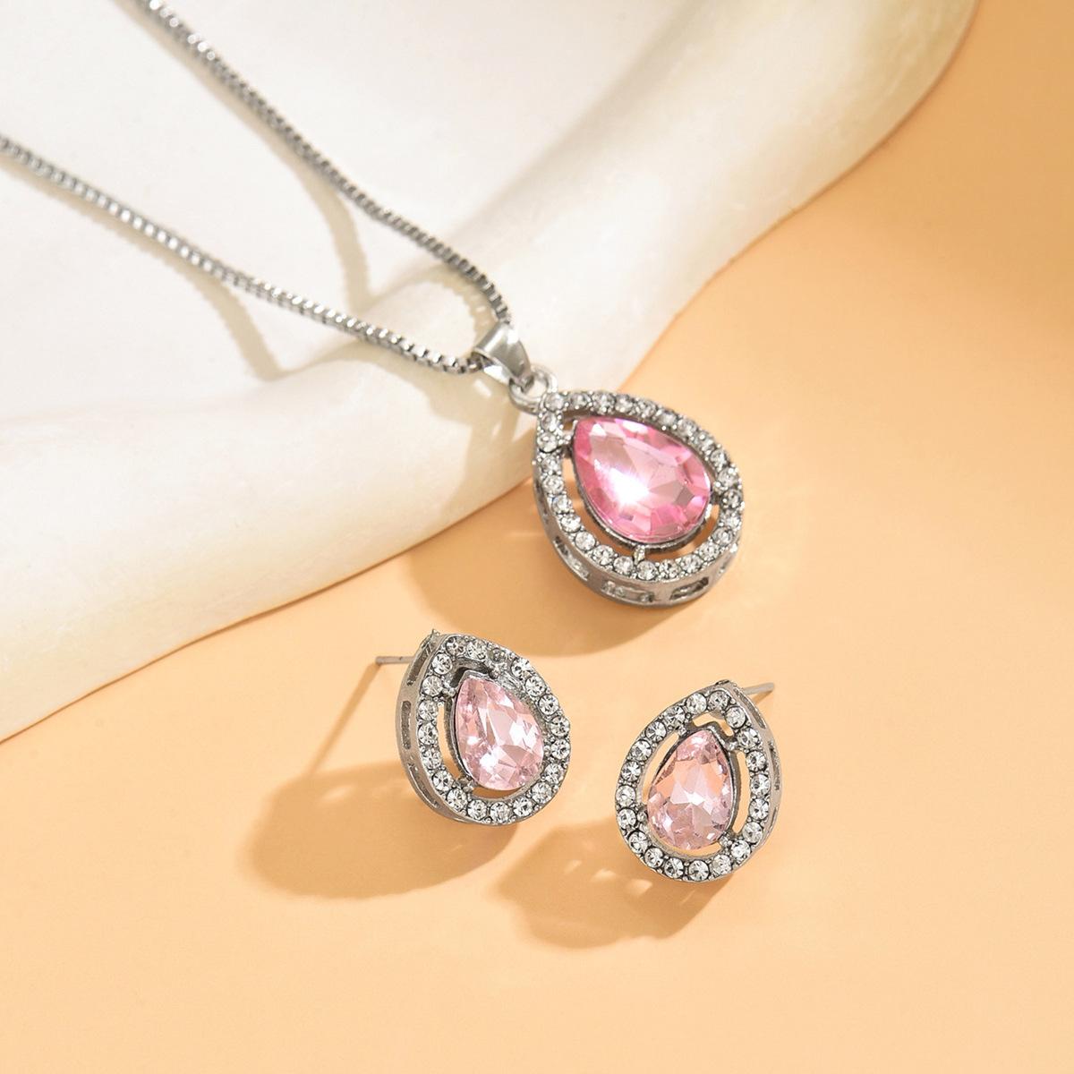 

European and American fashion water drop pendant jewelry set women s pink sweet light luxury high-end necklace ear jewelry