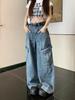 Summer 2025 Women's Retro Patchwork Wide-Leg High-Waisted Cargo Jeans