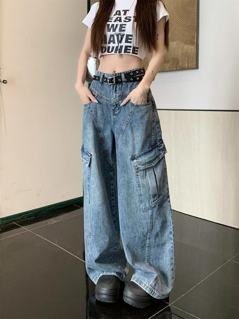 Summer 2025 Women's Retro Patchwork Wide-Leg High-Waisted Cargo Jeans