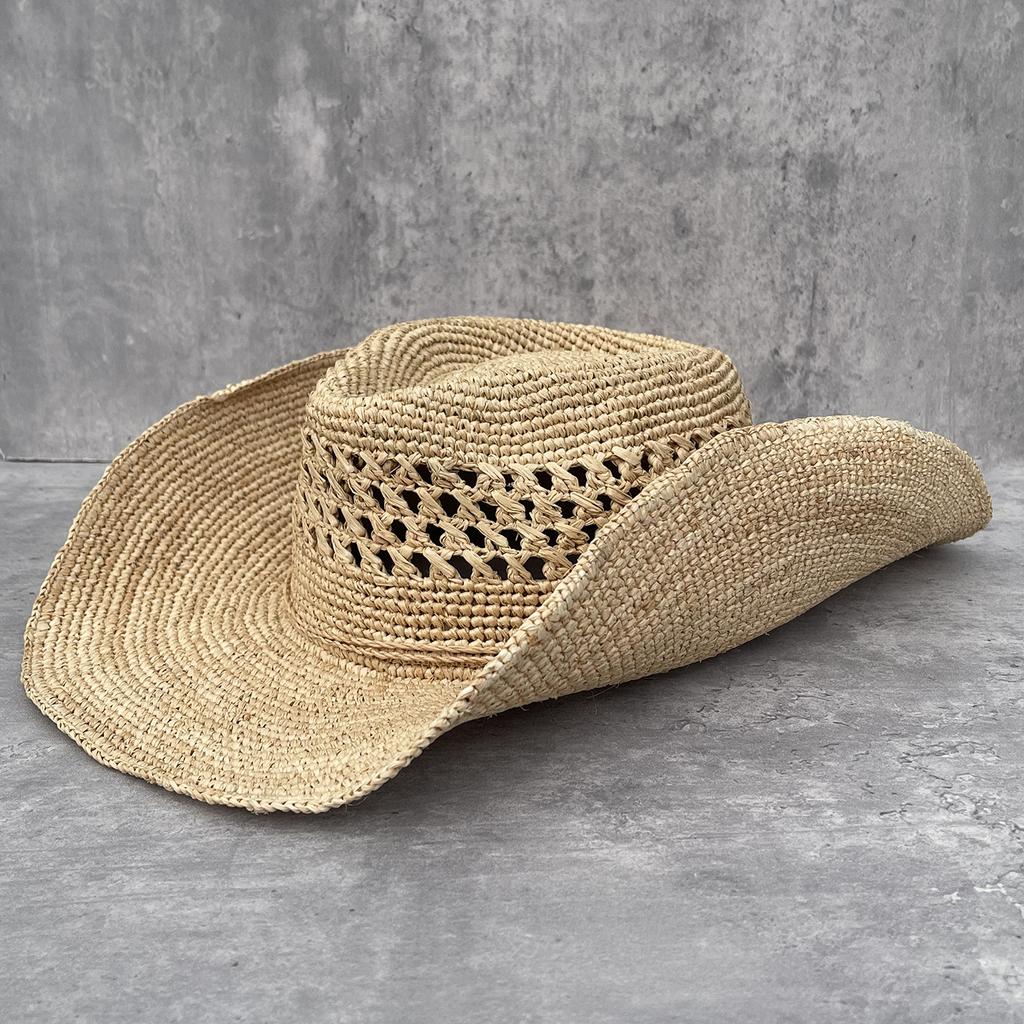 Handgehäkelter Natürlicher Raffia Stroh Cowboyhut für Damen Herren Sommer Breiter Rand Sonnenhut Outdoor Atmungsaktiv Strandkappen Modehut