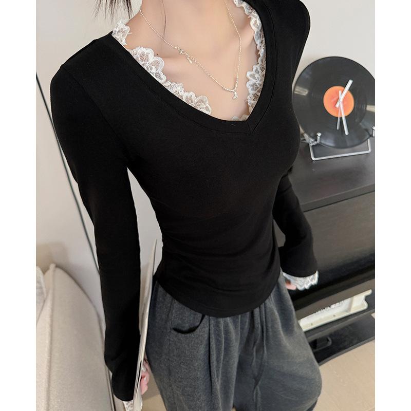 

Кружевная кружевная футболка с V-образным вырезом и длинными рукавами для женской весны и лета, новая облегающая базовая рубашка, топ корейского дизайна L чёрный