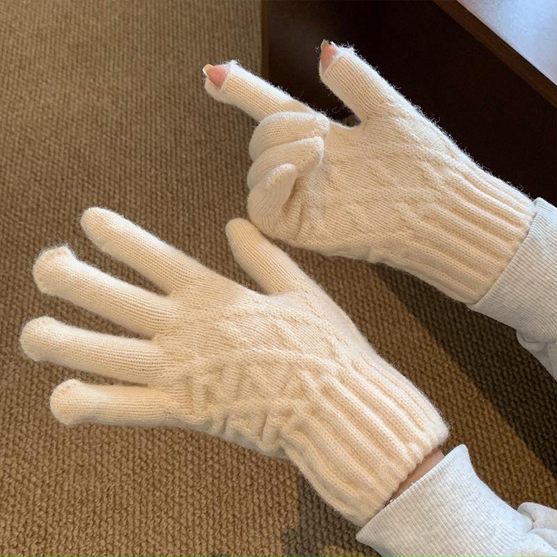 Japanische Retro-Strickhandschuhe aus Wolle für Damen im Winter mit Fingerspitzen und Touchscreen-Funktion, ideal für Fahrradfahrerinnen, zum Schutz vor Wind und Kälte