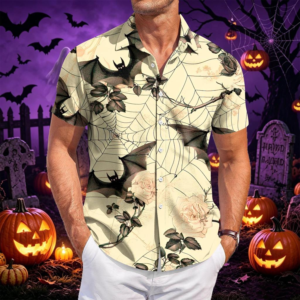 Men's Casual Short Sleeve Shirt Halloween Print Button Down Shirt Lightweight Breathable Fabric Relaxed Fit Shirt for Everyday Wear