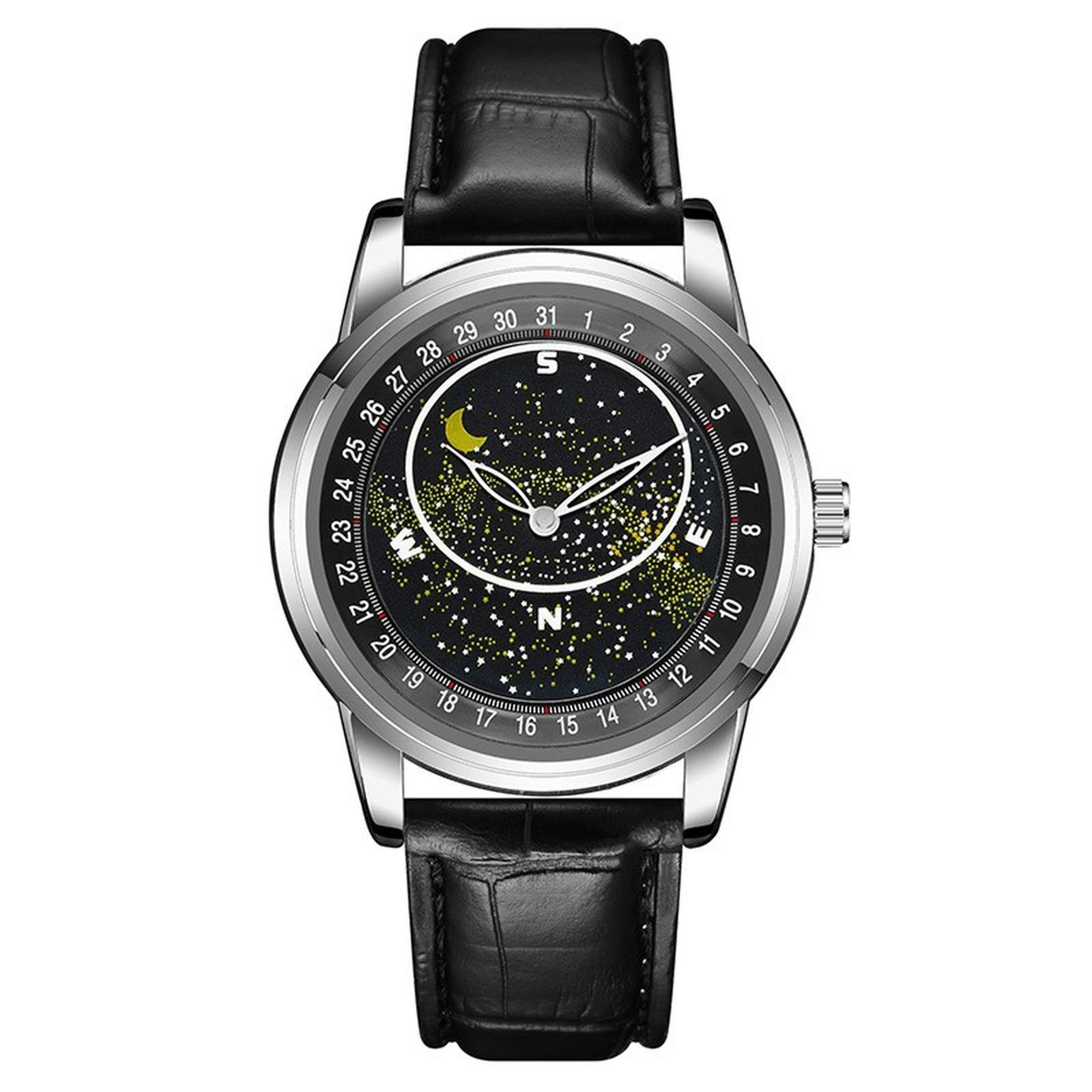 

Мужские кожаные деловые модные часы с ремешком для подарков One Size чёрный