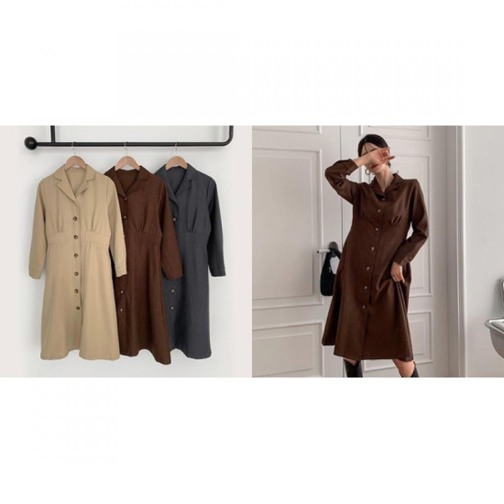 Shop Women Wool CollAr Neck Button Open Shirring A Line Midi Dress dArk Grey