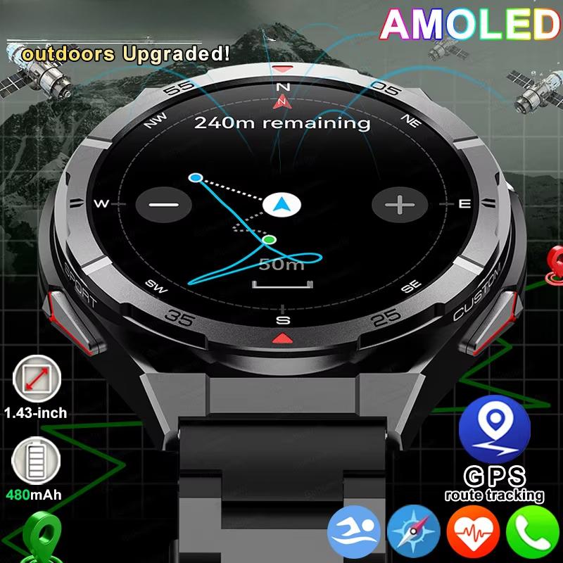 2025 New Dual-Band Satellite GPS Smart Watch Men 1.43'' AMOLED Screen Compass Heart Rate BT Call IP69 Waterproof Swimming Watch