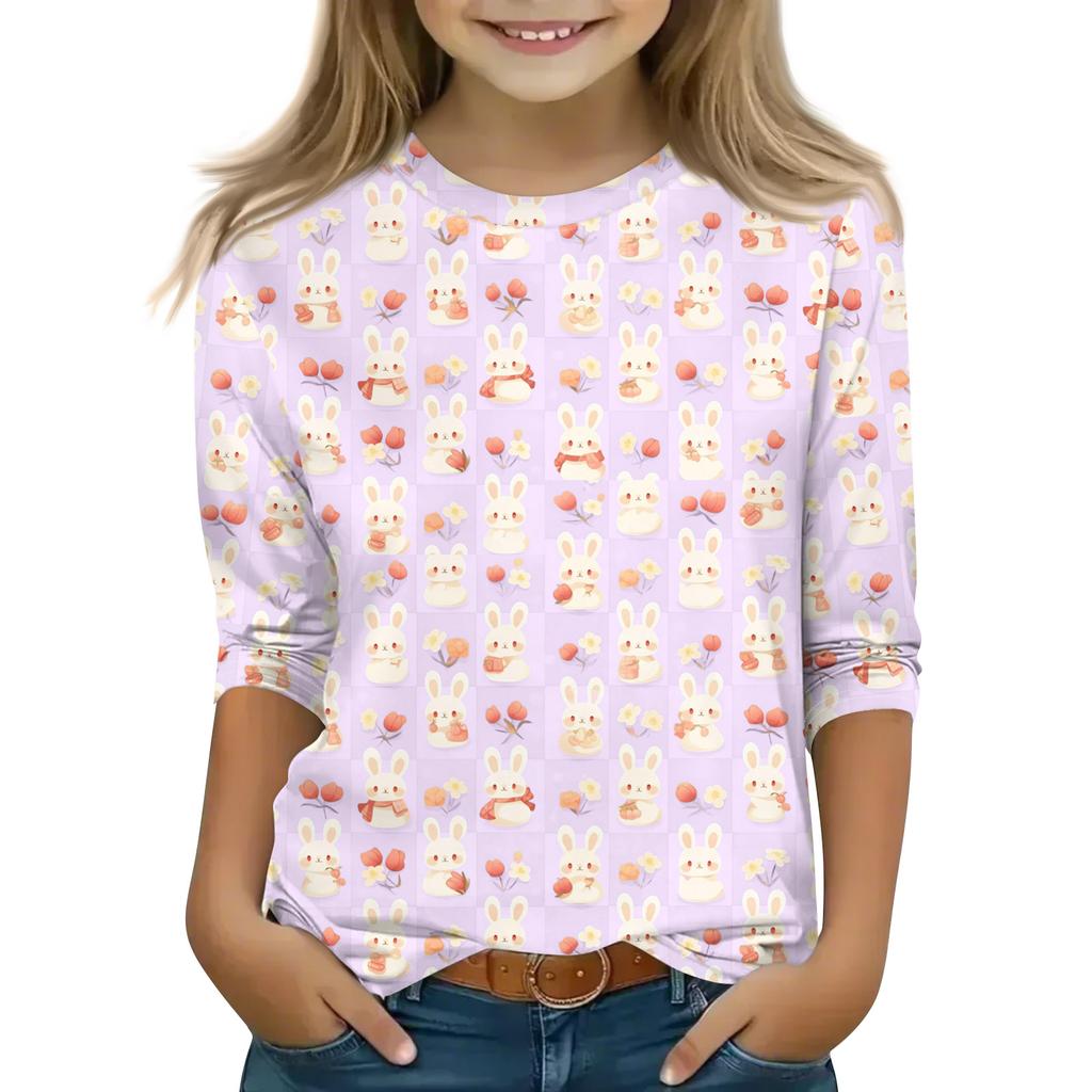 Print Tops For Youth Girls Round Neck 3/4 Sleeves T-Shirts Trendy Tops Outfit Tees