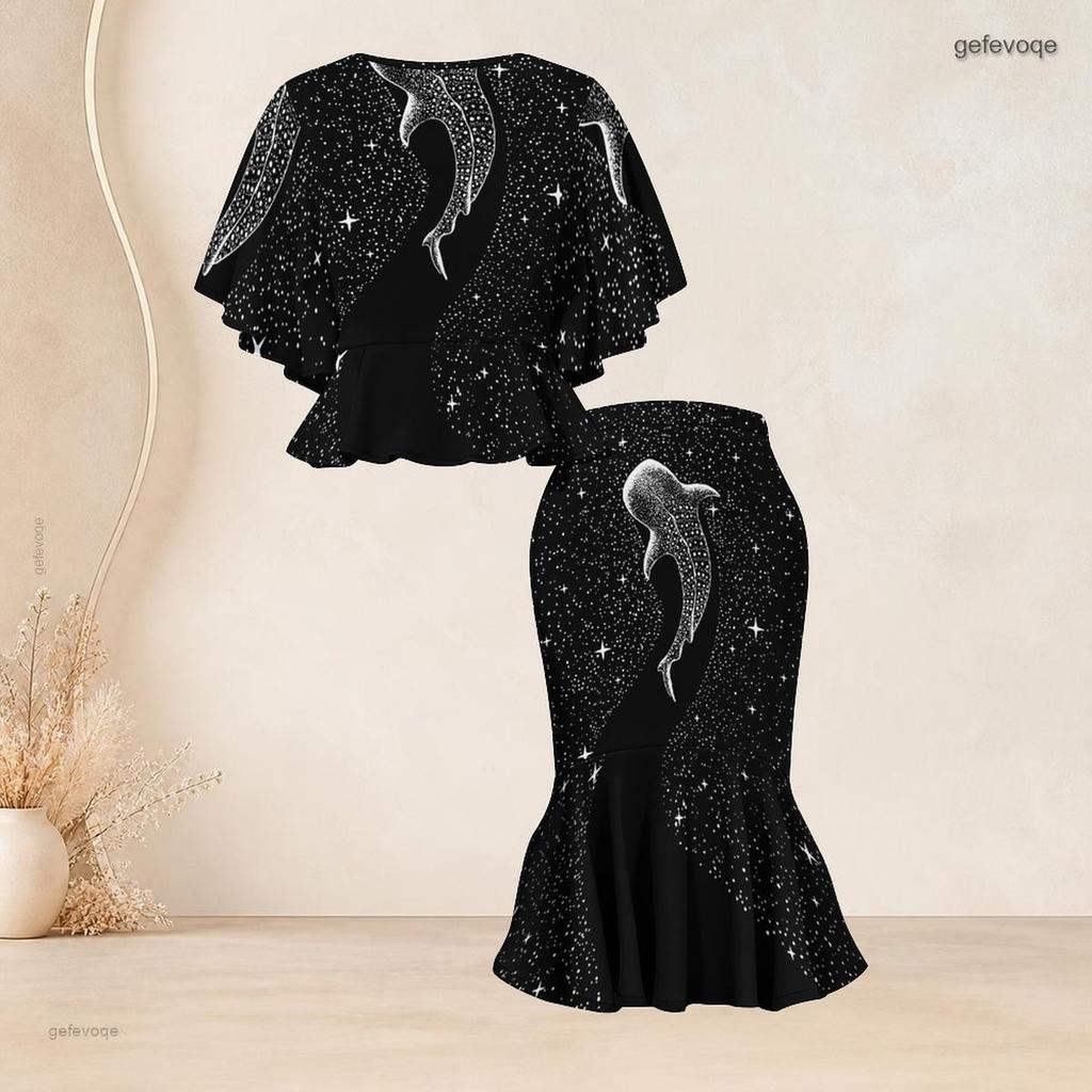 Women Plus Size Two Piece Skirt Set Round Neck Batwing Sleeve Printed Green Black Ruffle Hem Top Fishtail Skirt