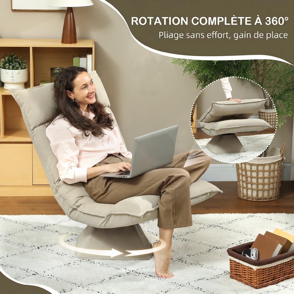 Swivel Floor Chair, 360 Degree, Folding Velvet, 5-Position Backrest, 70 x 62 x 95 cm, Beige