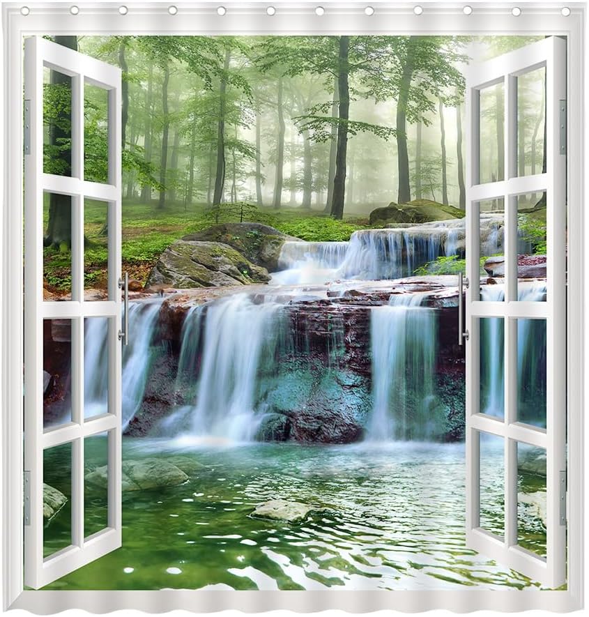 Waterfall Scenery Shower Curtains Spring Outdoor Natural Landscape Green Plants Forest View Pattern Polyester Fabric Bathroom