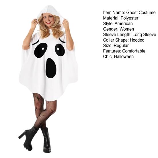 Women Ghost Costume for Adult Halloween Ghost Poncho Cloak White Ghost Hooded Cape Cosplay Party Outfit
