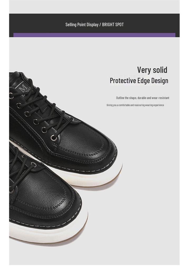 Men's White Leather Low-Top Skate Shoes with Thick Sole, British Style, Height Increasing, Trendy and Versatile.