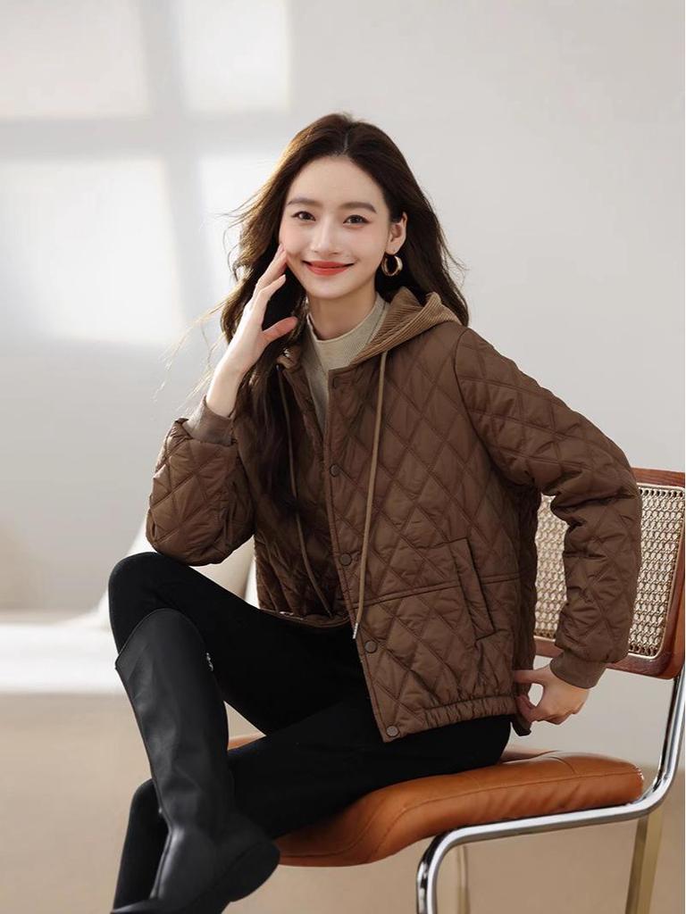 Jachetă de iarnă stil coreean argyle - Casual, ușoară, cu glugă și care subțiază.