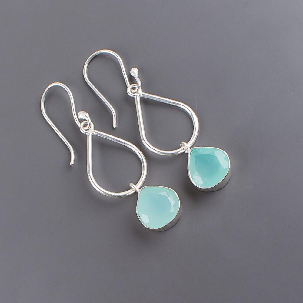 Aqua Chalcedony Gemstone 925 Sterling Silver Jewelry Handmade Earrings 1.90" EE-19-14