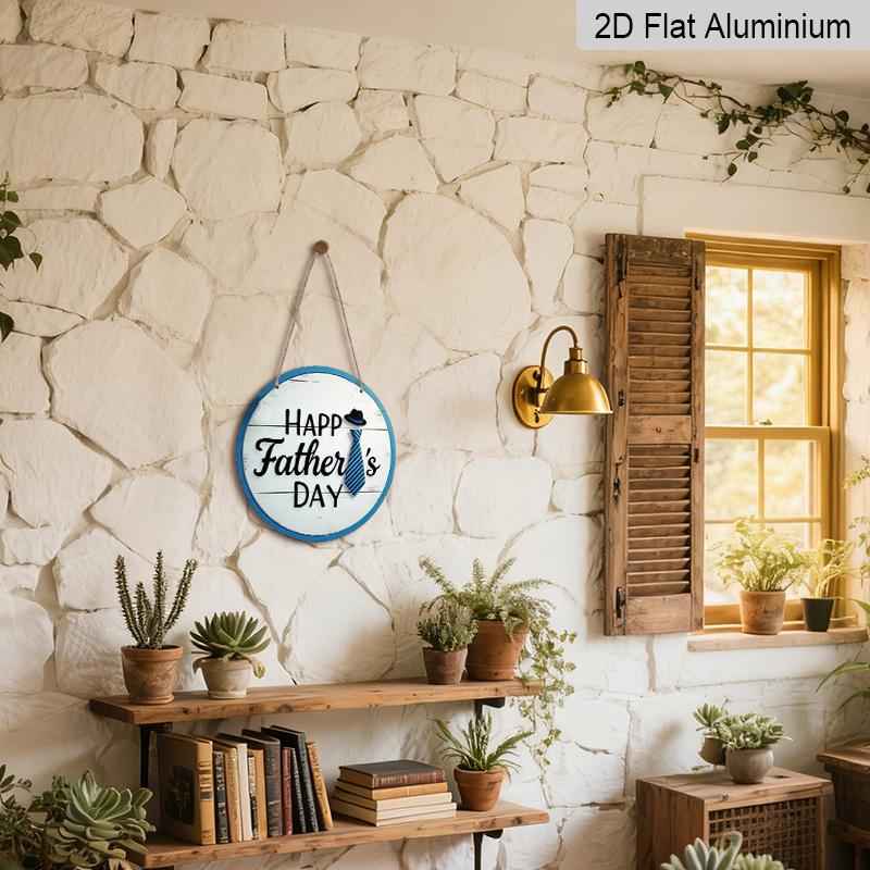 2D Flat 1pc, 8x8 in, Happy Father's Day circular aluminum metal sign, suitable for terraces, porches, garages, homes, cafes, men's caves, shops