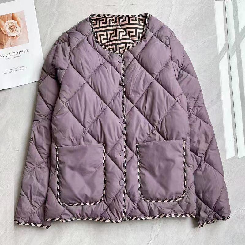 Kurze Baumwolljacke für Damen, Retro Rundhalsausschnitt, Herbst und Winter, Klassisches Karomuster