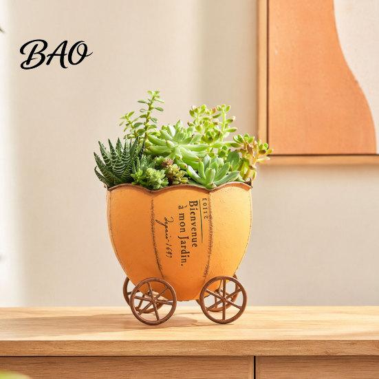 Office Desk Planter Retro Pumpkin Cart Planter, Decorative Metal Flowerpot with Drainage Hole, Stylish Unique Flower Pot Plant for Indoor Outdoor Home