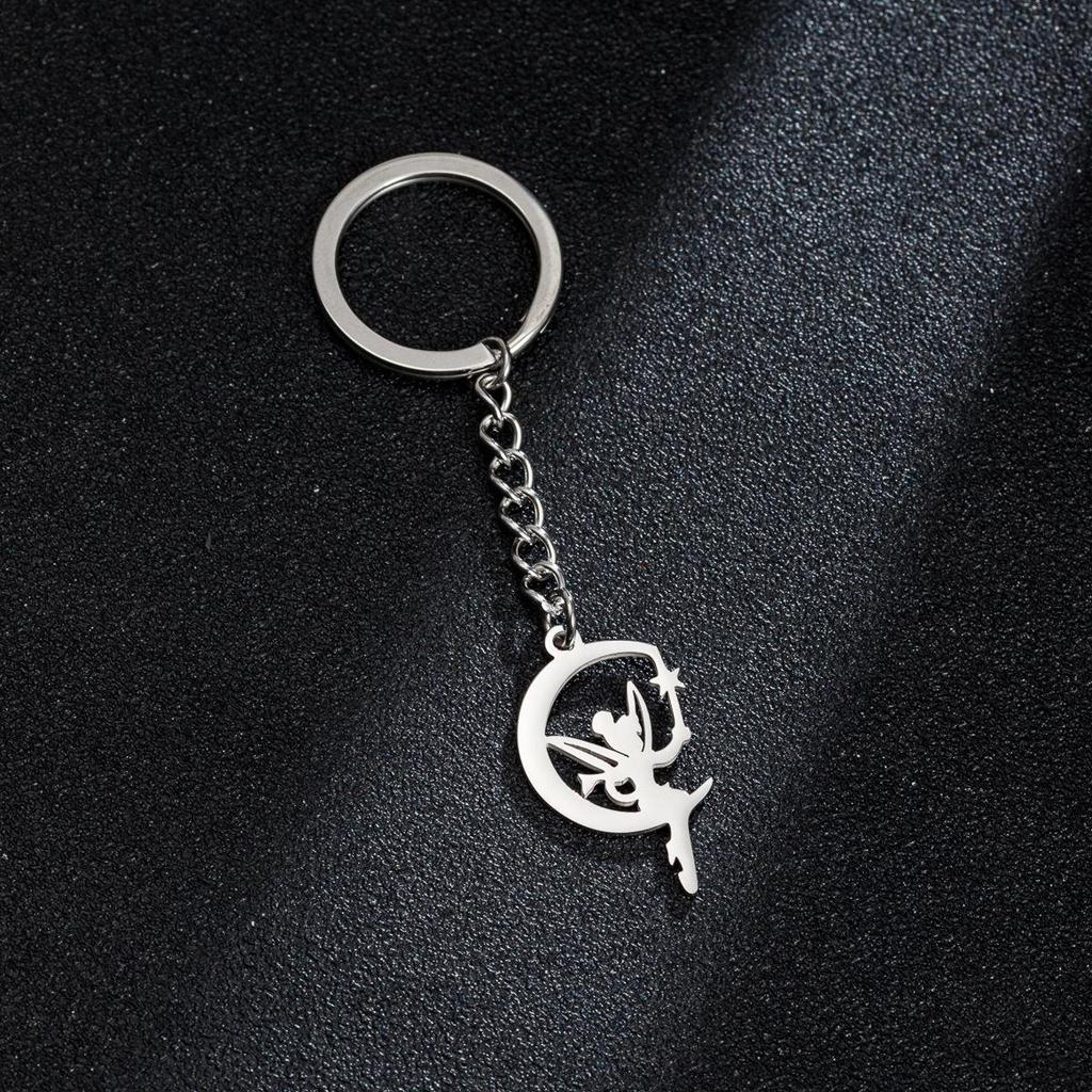 Stainless Steel Crescent Moon & Fairy Butterfly Magic Wand Keychain Pendant