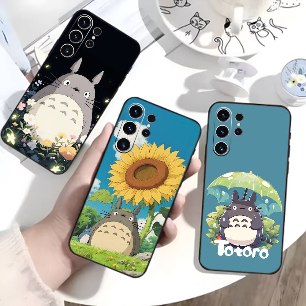 Kreslený E-Totoro-ES Pouzdro na telefon pro Samsung S26,S25,S24,S23,S22,S30,S21,Ultra,Plus,FE 5G Černý měkký kryt