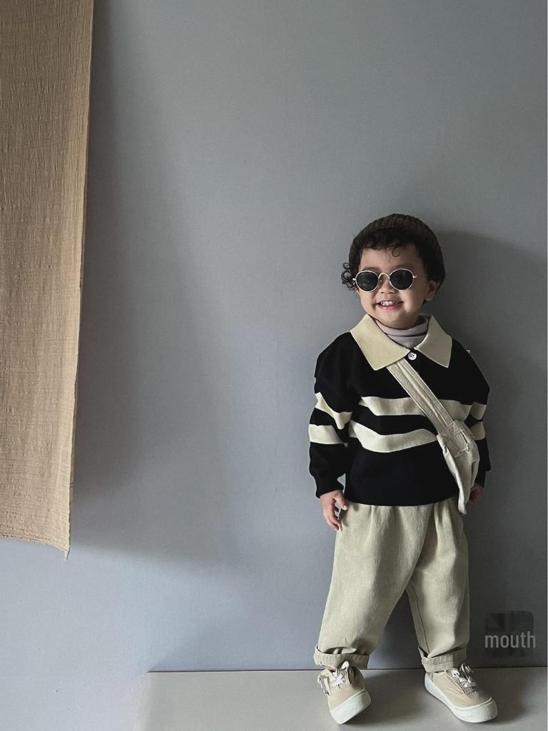 Children's POLO Sweater: Two-Button Striped Lapel, All-Season Korean Style for Boys & Girls