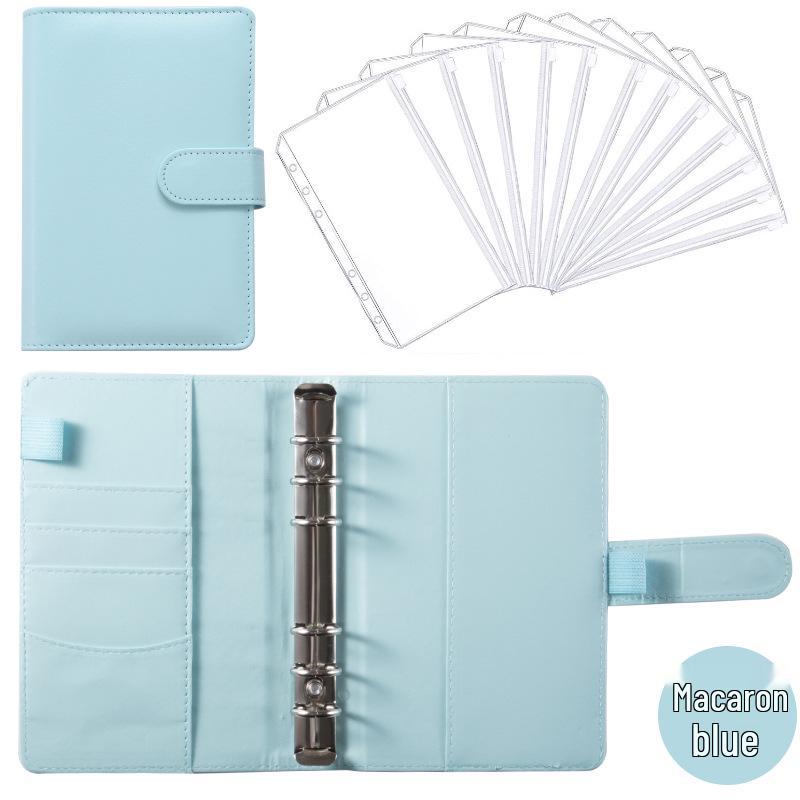 A6 Macaroon Leather Notebook Binder with 12 Refillable Zipper Pockets for Bills and Coins