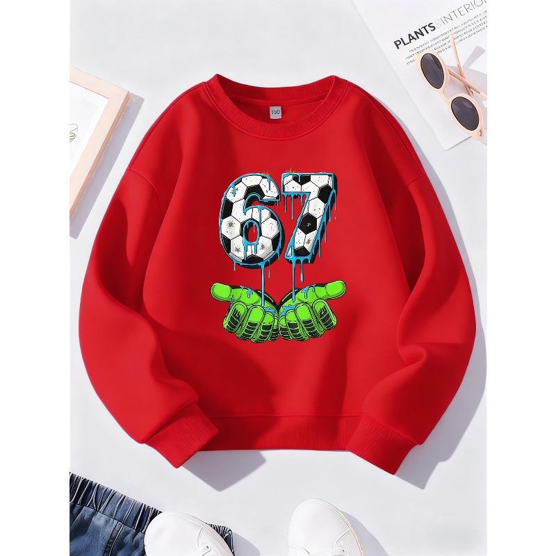 Kids Unisex Crewneck Sweatshirt, Dripping Soccer Texture Number 67 With Neon Green Cartoon Cupped Hands Print Pullover For 7th Birthday Soccer Fan