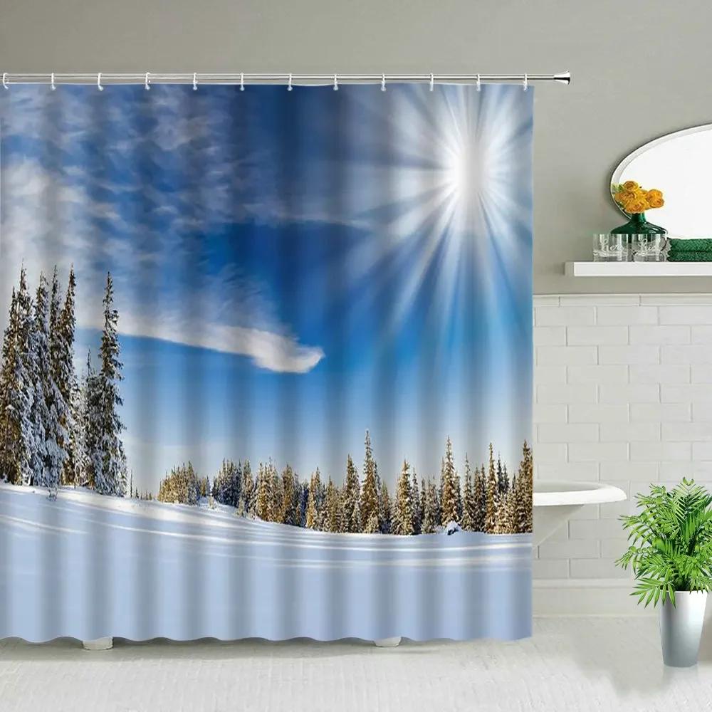 Winter Snow Scene Shower Curtains Trees Natural Scenery 3D Print Waterproof Bathroom Decor Home Bathtub Polyester Curtain Set