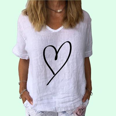 Women Fashion Cotton Linen Top Summer V Collar Short Sleeve T-shirt Ladies Casual Print Tee Shirt