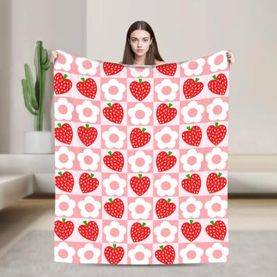 Pink Strawberry Print Flannel Blanket Soft Throw Blanket for Living Room Travel Fashion Bedspread Sofa Bed Cover