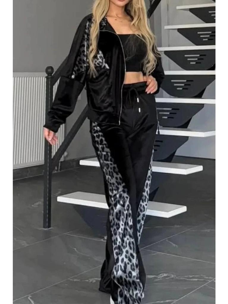 New Fall Leopard-Print Color-Blocked Long-Sleeve Pajama Set