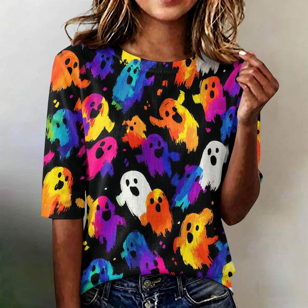 Loose Fit Womens Casual Short Sleeve Top Round Neck Lightweight Comfortable Pullover Shirt with Halloween Themed Print