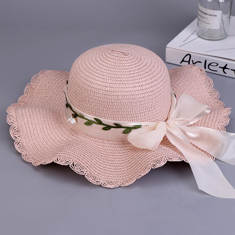 Sommer Damen Schleife Stroh Große Welle Strand Strohhut Outdoor Atmungsaktiv Sonnenschutzhut
