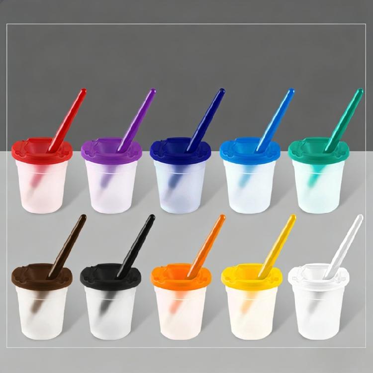10Pcs Watercolor Brush Washing Cups with Lids Spill Prevention Plastic Paint Brush Cleaner Cup and Art Brush Set for Kid