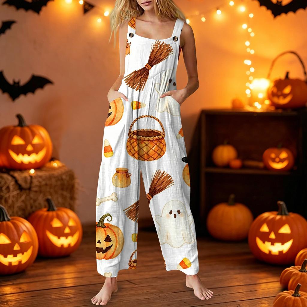Women's Sleeveless Jumpsuit Halloween Print Cotton Casual Loose Fit Overalls Wide Leg Romper Pocketed