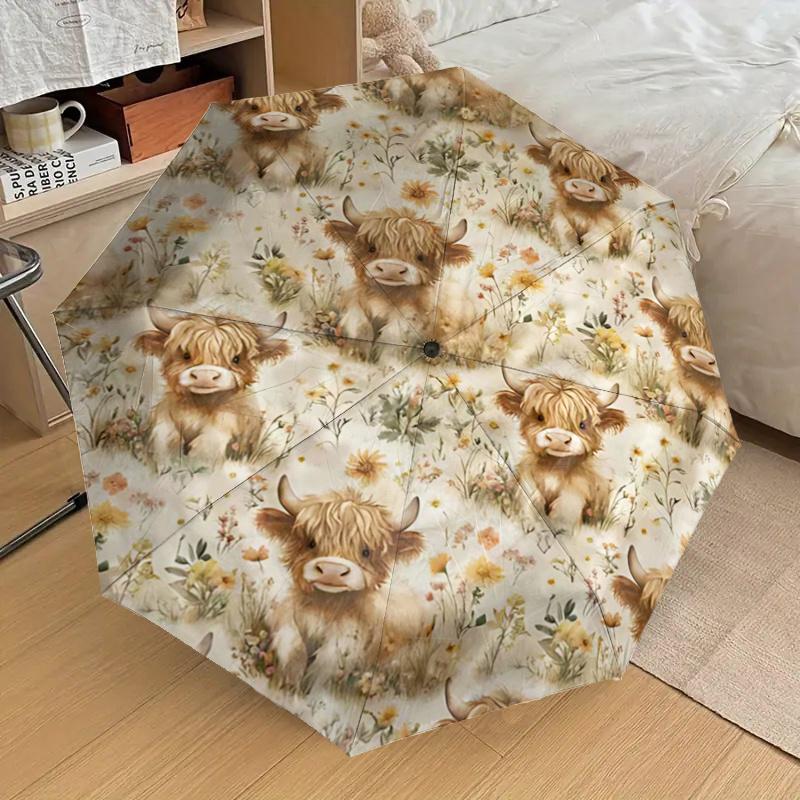 Schottische Hochlandkuh mit Blumenmuster Regenschirm - Automatisches Öffnen & Schließen, Tragbares 3-fach faltbares Design, 8-Speichen Stahlgestell, Für den Außenbereich, Festliches Geschenk für