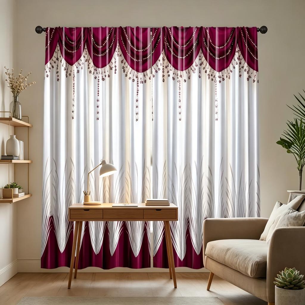 2 Pezzi di Tende Patchwork Stile Europeo Luce Lusso Bordo e Bianco, Design con Tasca per Asta, Tende Semitrasparenti in Poliestere