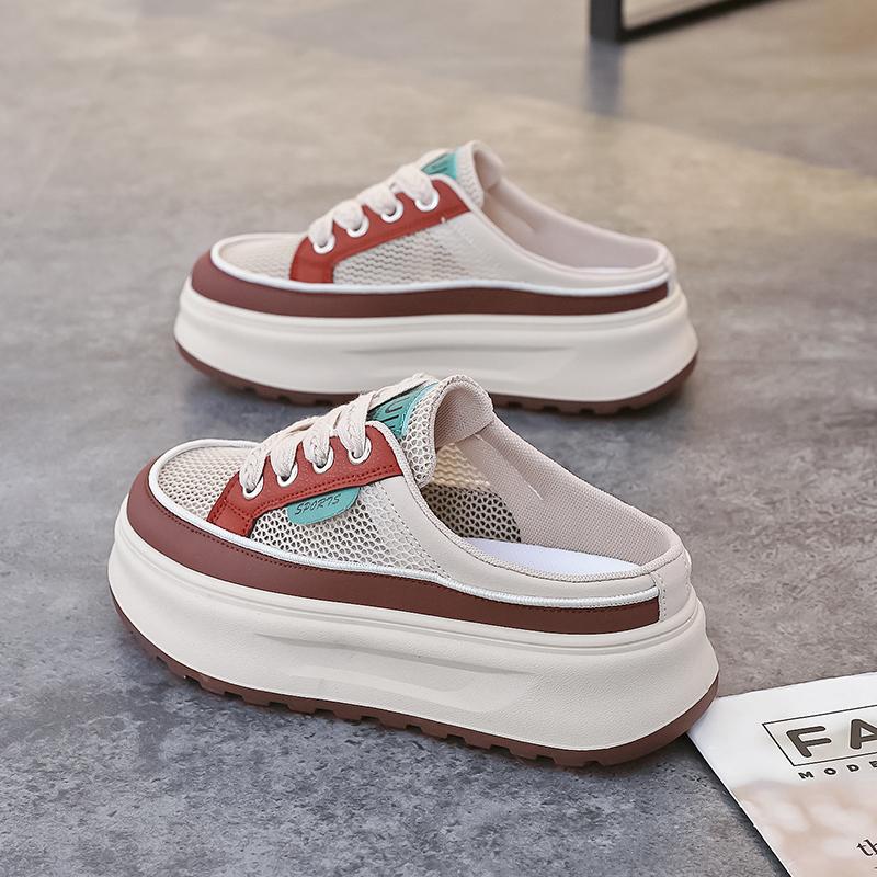 2025 summer half tray white shoes new Korean version ins female students platform mesh casual low-top lace-up slippers
