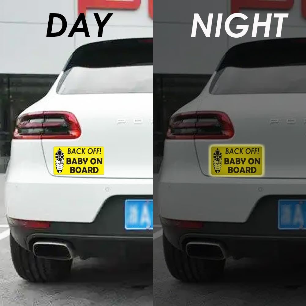 1step2dream Funny Baby on Board Bumper Sticker 2Pcs, Car Essentials | Back off Sign and Reflective See-Through When Driving in the Dark | 7 x 5
