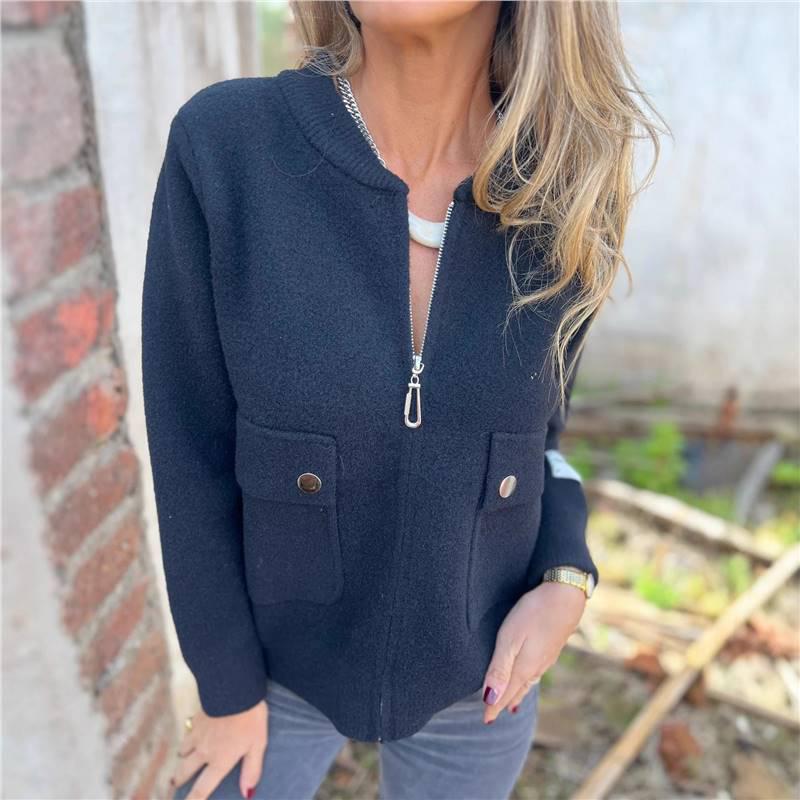 Women's Autumn/Winter Casual Solid Color Crew Neck Zip Pocket Jacket